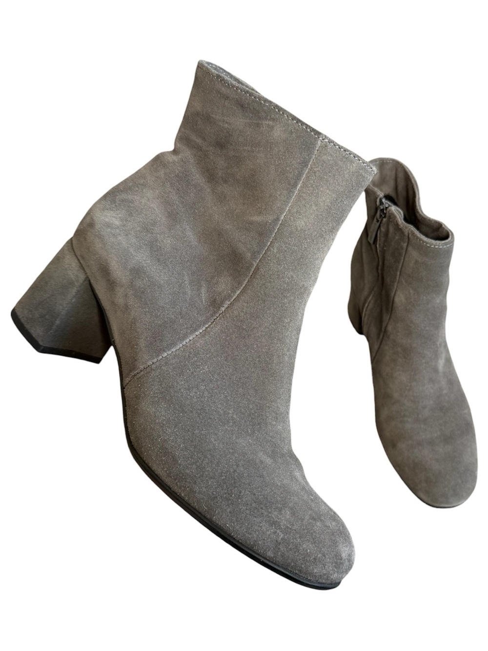 LA CANADIENNE Gray Suede Ankle Boots Block Heel Zip Booties Women’s Size 8 - Picture 2 of 8